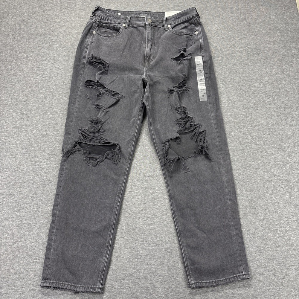 American Eagle Mom‎ Jeans Womens 12 Comfort Stretch Waistband Distressed Black